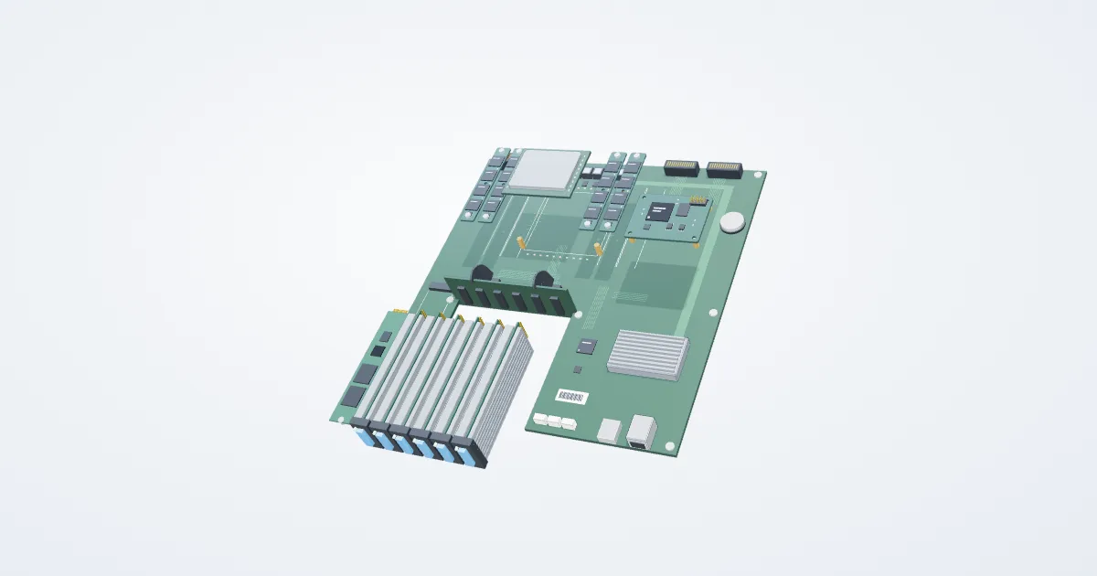 Illustrative compute tray example with its parts separated for study
