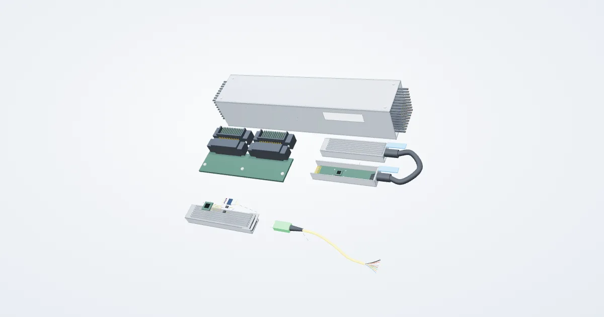 Illustrative cables, optics and connectors example with its parts separated for study