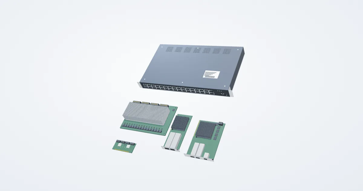Illustrative switch tray and network cards example with its parts separated for study