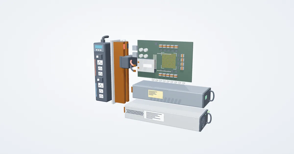 Illustrative power shelf and distribution example with its parts separated for study