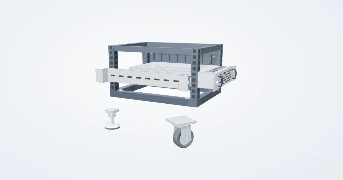Illustrative rack frame and chassis example with its parts separated for study