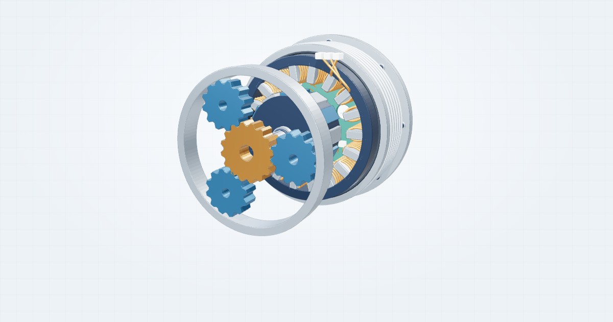Illustrative integrated rotary actuator with its component parts separated for study