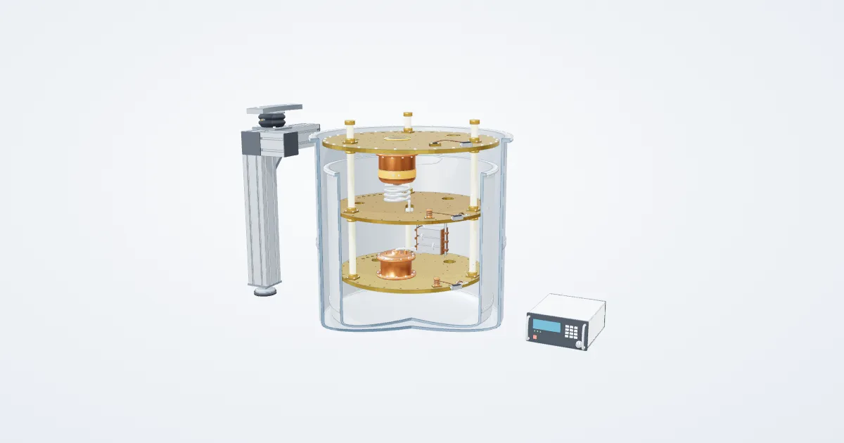 Illustrative dilution refrigerator example with its parts separated for study