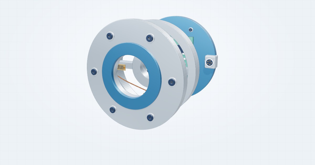 Illustrative six-axis force / torque sensor with its component parts separated for study