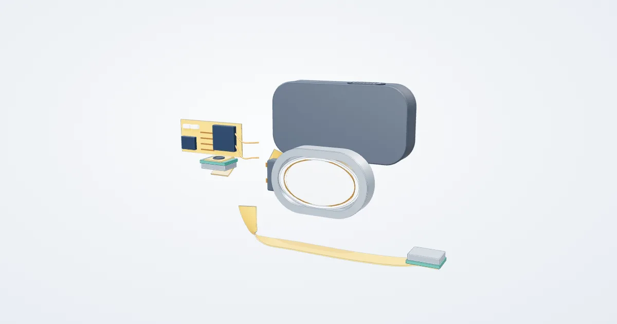 Illustrative open-ear speaker & mic array with its parts separated for study