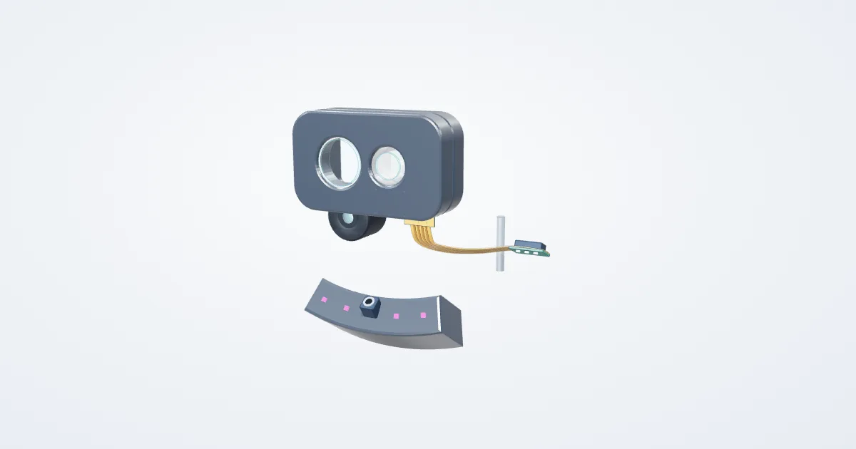 Illustrative corner camera module example with its parts separated for study