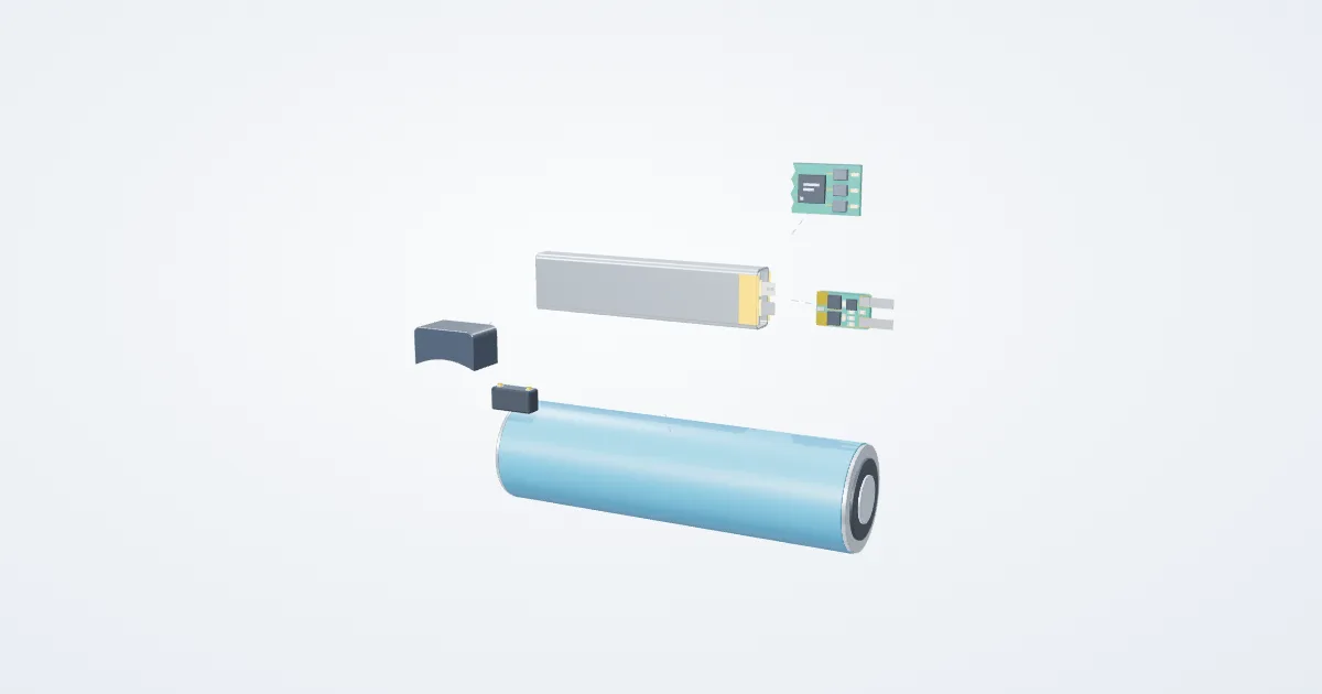 Illustrative temple battery pack example with its parts separated for study