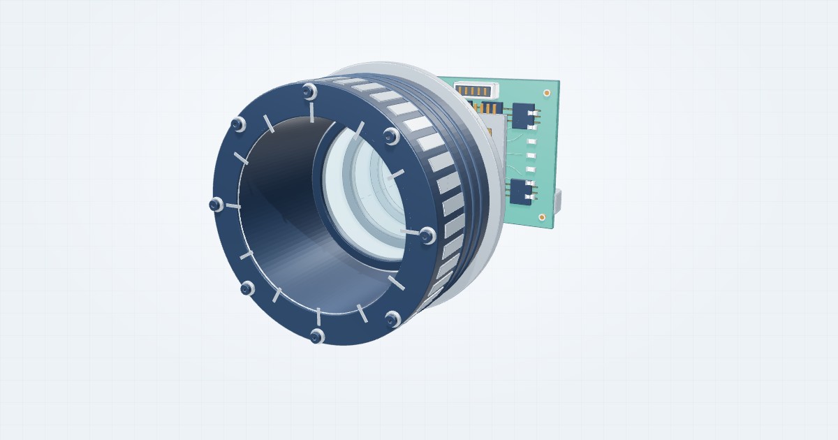 Illustrative robot camera module with its component parts separated for study
